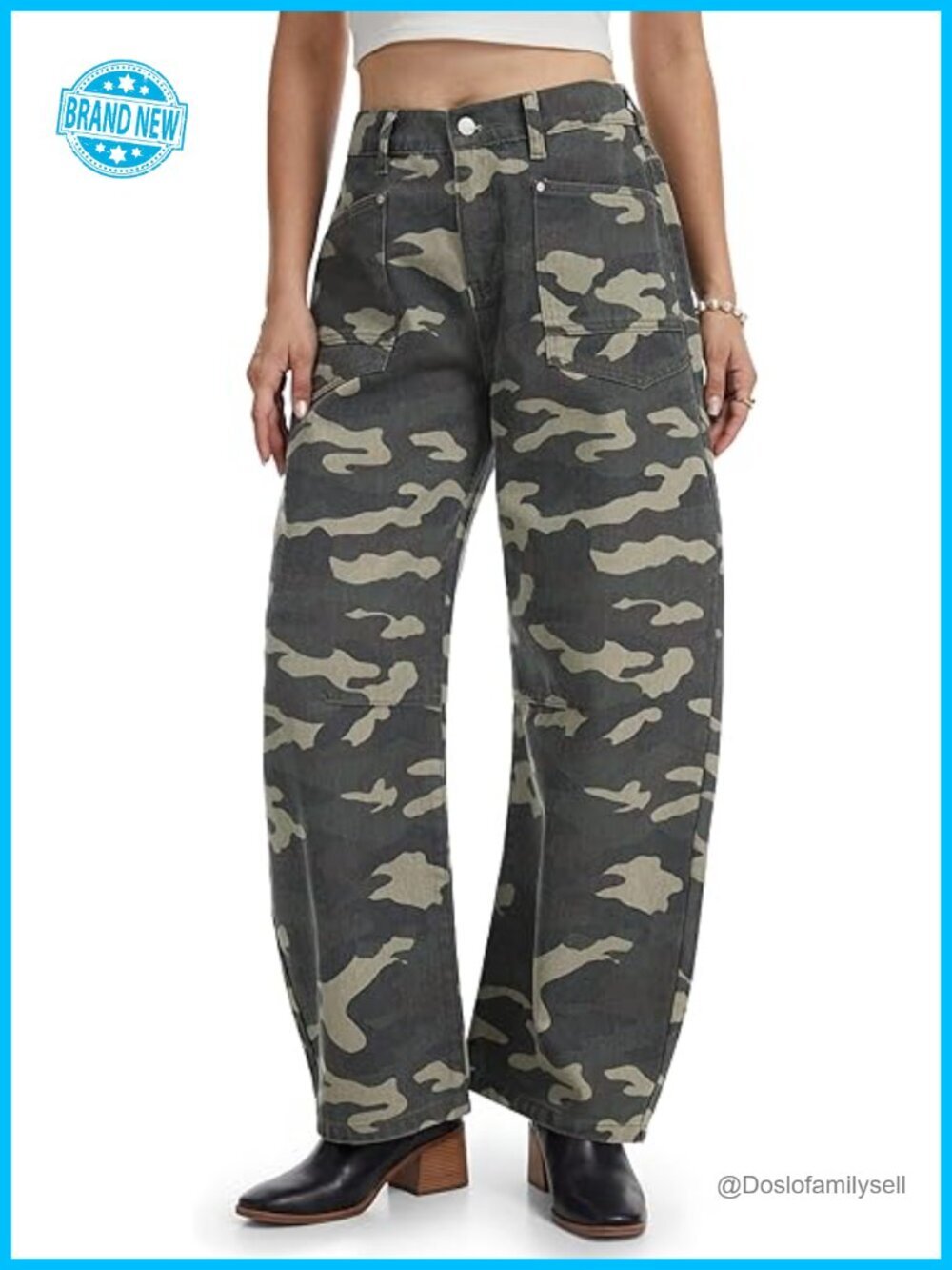Women's Camo Barrel Jeans Mid Rise Wide Leg Baggy Denim Pants Y2K